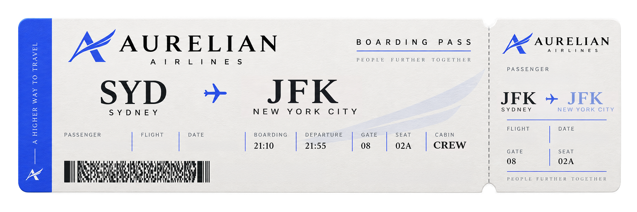 Aurelian Airlines boarding pass, Sydney to New York